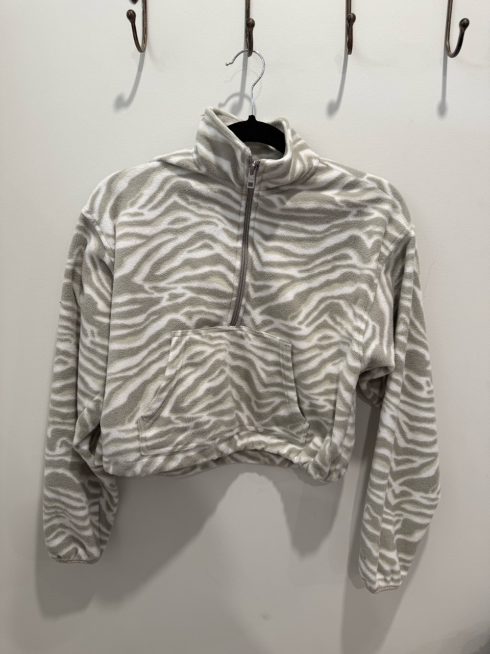 TNA Aritzia Cropped Zebra Print Half-Zip Fleece Pullover